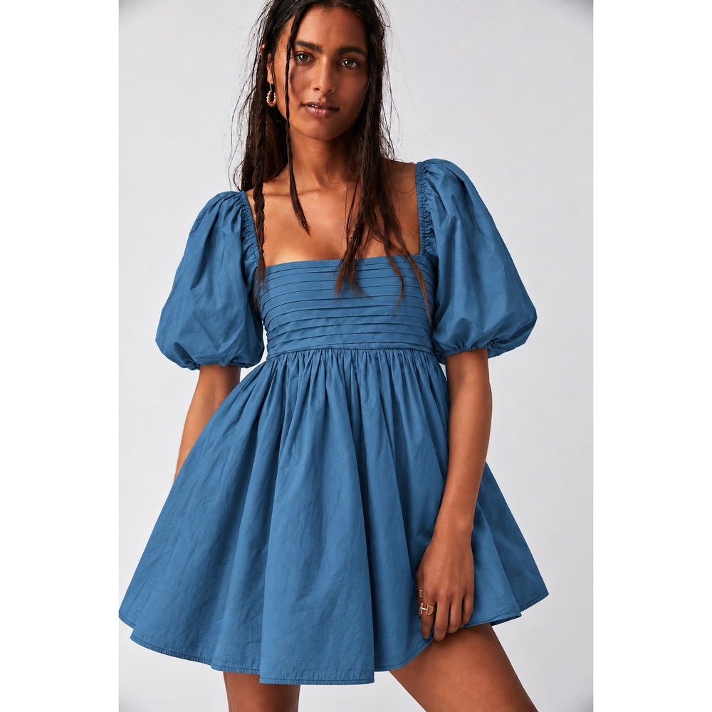Abercrombie & Fitch Emerson Poplin Mini Dress Blue Puff Sleeve Smocked XS
